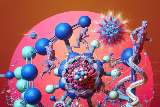 Abstract artwork depicting L-glutamine molecule and human figures, highlighting the benefits of glutamine for health and immunity.