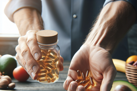 Man holding a bottle of fish oil capsules, showcasing health benefits.