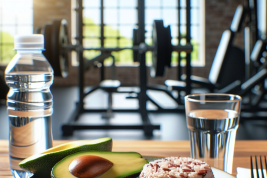 Pre-workout meal of avocado, brown rice, water, and a glass of water on a table in a gym.